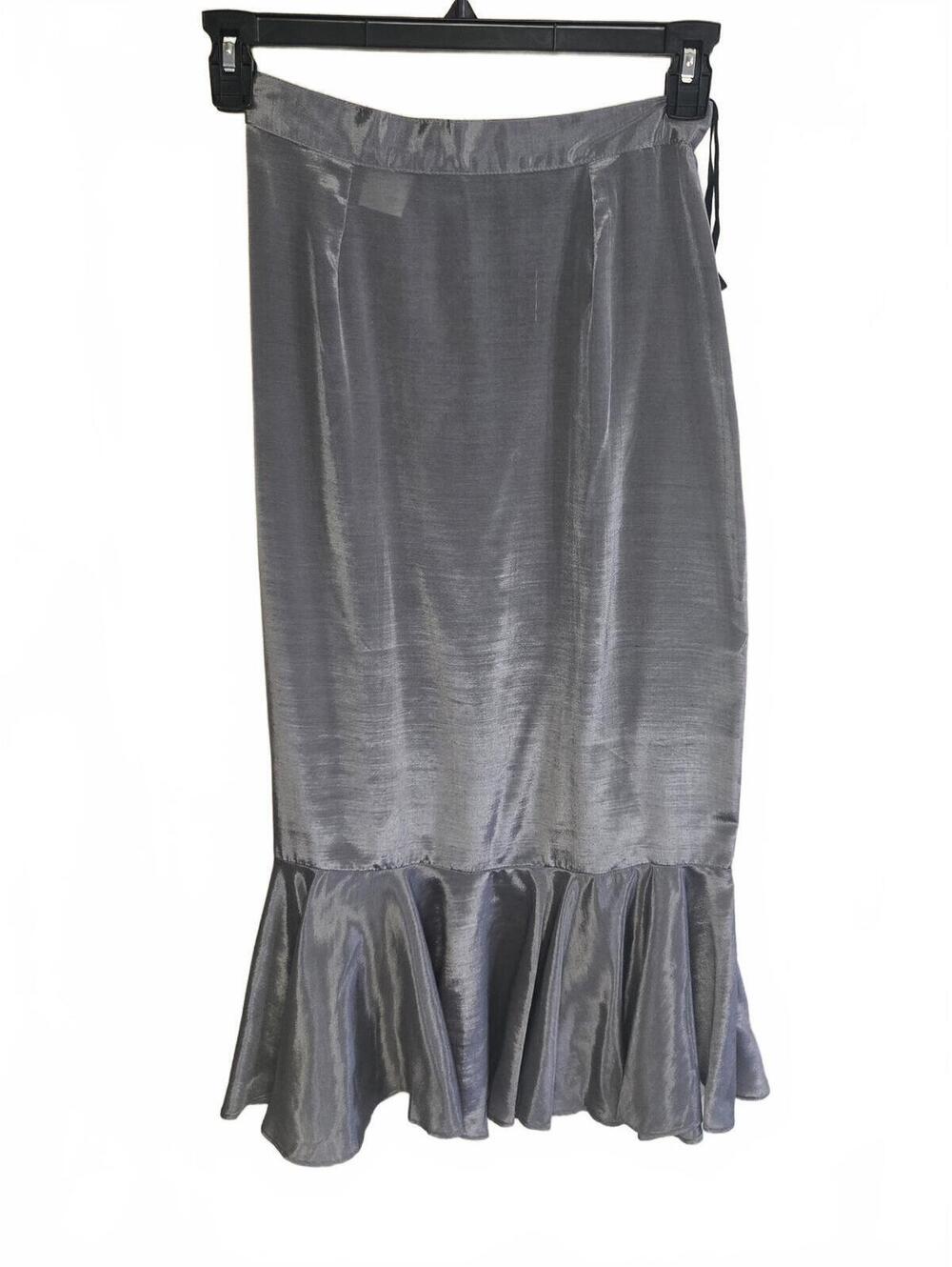 Vintage Gray Satin Ruffle Hem Midi Skirt